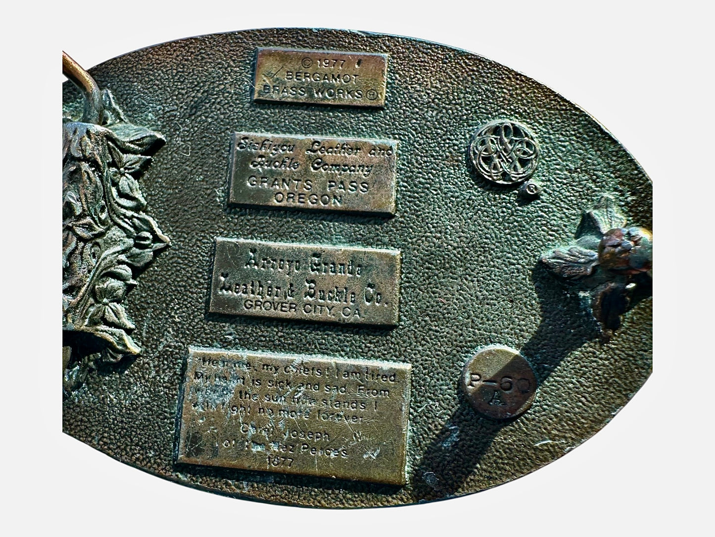 1977 Bergamot Brass Native American Belt Buckle – Chief Joseph Tribute